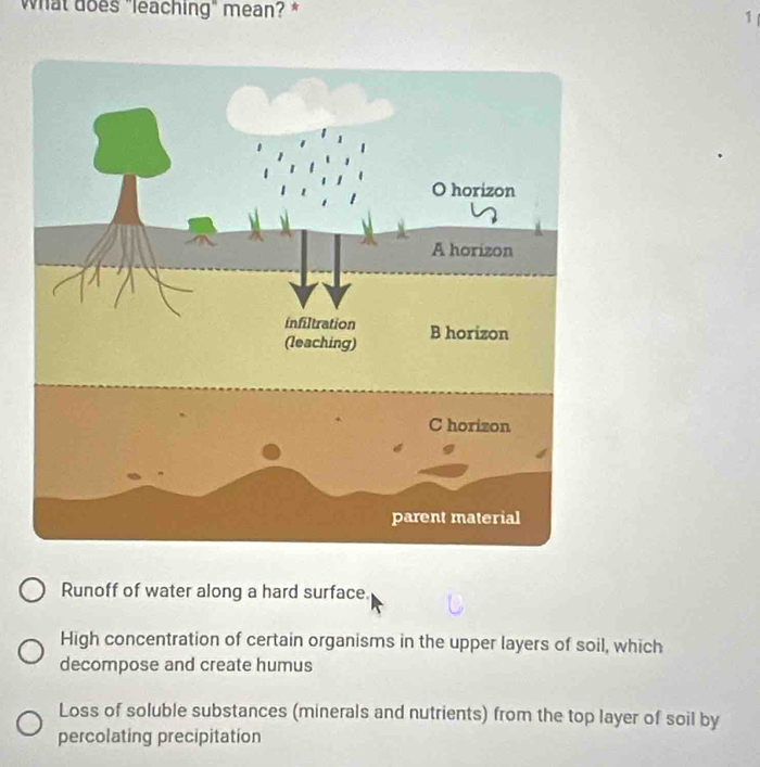 what does "leaching" mean? * 1
Runoff of water along a hard surface.
High concentration of certain organisms in the upper layers of soil, which
decompose and create humus
Loss of soluble substances (minerals and nutrients) from the top layer of soil by
percolating precipitation