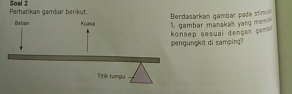 Soal 2 
Perhatikan gambar berikut. 
erdasarkan gambar pada stimulu$ 
gambar manakah yang memilik 
nsep sesuai dengan gamb 
engungkit di samping?