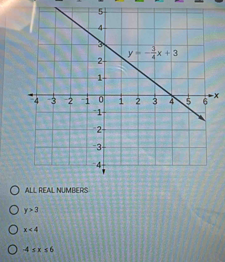 ALL REAL NUMBERS
y>3
x<4</tex>
-4≤ x≤ 6