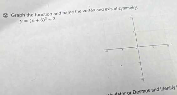 ② Graph the function and name the vertex and axis of symmetry.
y=(x+6)^2+2
culator or Desmos and identify