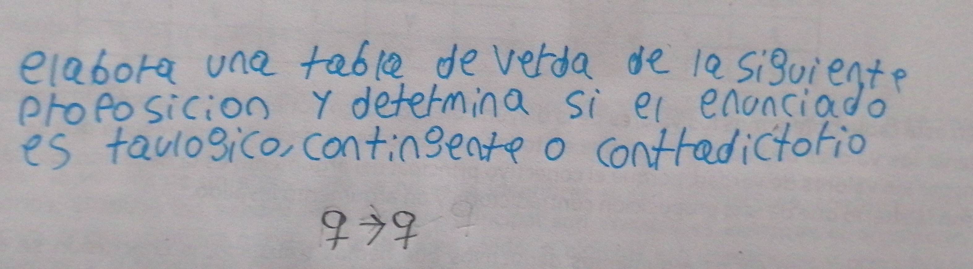 elabora une table deverda de la sigviente 
proposicion Y determina si el enonciado 
es taulogico, contingente o contredictotio
qto q