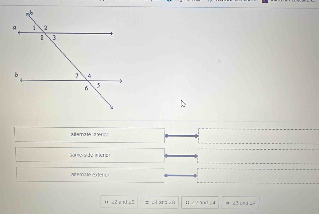 alternate interior
same-side interior
alternate exterior
:: ∠ 2 and ∠ 6 :: ∠ 4 and ∠ 8 :: ∠ 2 and ∠ 4 :: ∠ 3 and ∠ 4