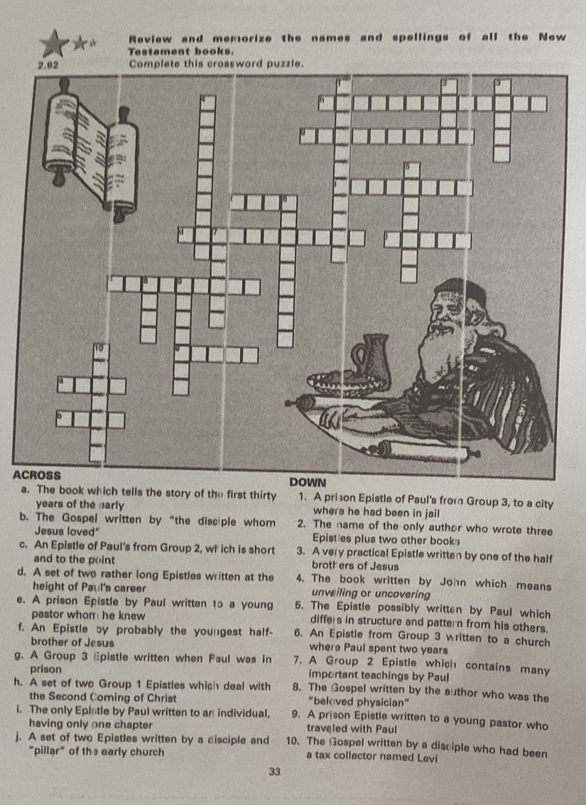 Review and memorize the names and spellings of all the New 
Testament books. 
A 
a The book which tells the story of the first thirty 1. A prison Epistle of Paul's from Group 3, to a city 
years of the narly where he had been in jail 
b. The Gospel written by “the disc|ple whom 2. The name of the only author who wrote three 
Jesus loved" Episties plus two other book 
c. An Epistle of Paul’s from Group 2, wl ich is short 3. A very practical Epistle written by one of the half 
and to the point broth ers of Jesus 
d. A set of two rather long Epistles written at the 4. The book written by John which means 
height of Paul's career unveiling or uncovering 
e. A prison Epistle by Paul written to a young 5. The Epistle possibly written by Paul which 
pastor whom he knew differs in structure and pattern from his others. 
f. An Epistle by probably the youngest half- 6. An Epistle from Group 3 written to a church 
brother of Jesus where Paul spent two years
g. A Group 3 Epistle written when Faul was in 7. A Group 2 Epistle which contains many 
prison important teachings by Paul 
h. A set of two Group 1 Epistles which deal with 8. The Gospel written by the author who was the 
the Second Coming of Christ "beloved physician" 
i. The only Epiatle by Paul written to an individual, 9. A prison Epistle written to a young pastor who 
having only one chapter traveled with Paul 
j. A set of two Epistles written by a disciple and 10. The Gospel written by a disciple who had been 
“pillar” of the early church a tax collector named Levi
33