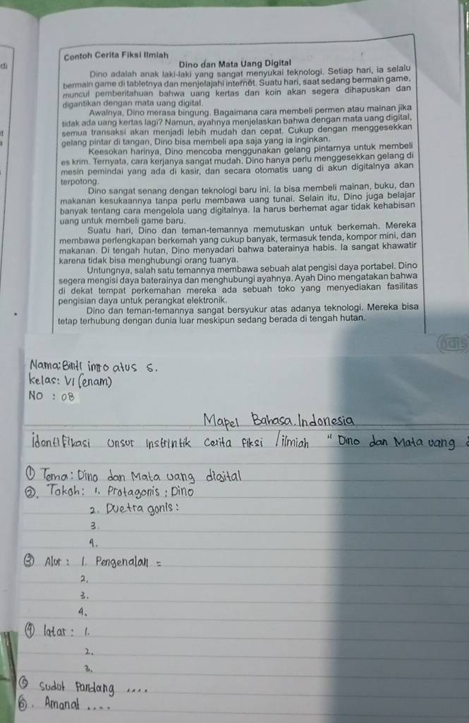 Contoh Cerita Fiksi Ilmiah
d  Dino dan Mata Uang Digital
Dino adalah anak laki-laki yang sangat menyukai teknologi. Setiap hari, ia selalu
bermain game di tabletnya dan menjelajahi internét. Suatu hari, saat sedang bermain game,
muncul pemberitahuan bahwa uang kertas dan koin akan segera dihapuskan dan
digantikan dengan mata uang digital.
Awalnya, Dino merasa bingung. Bagaimana cara membeli permen atau mainan jika
tidak ada uang kertas lagi? Namun, ayahnya menjelaskan bahwa dengan mata uang digital,
semua transaksi akan menjadi lebih mudah dan cepat. Cukup dengan menggesekkan
gelang pintar di tangan, Dino bisa membeli apa saja yang ia inginkan.
Keesokan harinya, Dino mencoba menggunakan gelang pintarnya untuk membeli
es krim. Ternyata, cara kerjanya sangat mudah. Dino hanya perlu menggesekkan gelang di
mesin pemindai yang ada di kasir, dan secara otomatis uang di akun digitalnya akan
terpotong.
Dino sangat senang dengan teknologi baru ini. la bisa membeli mainan, buku, dan
makanan kesukaannya tanpa perlu membawa uang tunai. Selain itu, Dino juga belajar
banyak tentang cara mengelola uang digitalnya. Ia harus berhemat agar tidak kehabisan
uang untuk membeli game baru.
Suatu hari, Dino dan teman-temannya memutuskan untuk berkemah. Mereka
membawa perlengkapan berkemah yang cukup banyak, termasuk tenda, kompor mini, dan
makanan. Di tengah hutan, Dino menyadari bahwa baterainya habis. la sangat khawatir
karena tidak bisa menghubungi orang tuanya.
Untungnya, salah satu temannya membawa sebuah alat pengisi daya portabel. Dino
segera mengisi daya baterainya dan menghubungi ayahnya. Ayah Dino mengatakan bahwa
di dekat tempat perkemahan mereka ada sebuah toko yang menyediakan fasilitas .
pengisian daya untuk perangkat elektronik.
Dino dan teman-temannya sangat bersyukur atas adanya teknologi. Mereka bisa
tetap terhubung dengan dunia luar meskipun sedang berada di tengah hutan.
has