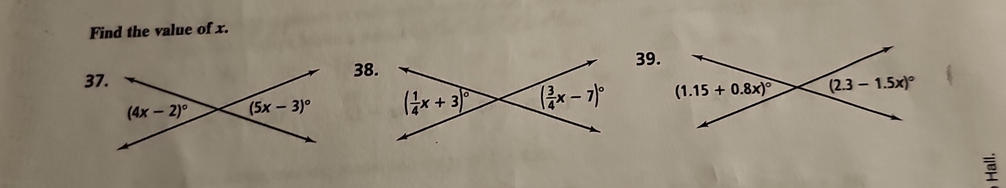 Find the value of x.
37.
38.
39.