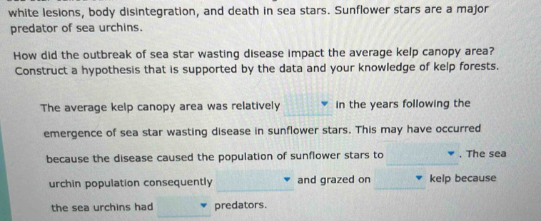 white lesions, body disintegration, and death in sea stars. Sunflower stars are a major 
predator of sea urchins. 
How did the outbreak of sea star wasting disease impact the average kelp canopy area? 
Construct a hypothesis that is supported by the data and your knowledge of kelp forests. 
_ 
The average kelp canopy area was relatively in the years following the 
emergence of sea star wasting disease in sunflower stars. This may have occurred 
_ 
because the disease caused the population of sunflower stars to . The sea 
urchin population consequently and grazed on _kelp because 
the sea urchins had predators.