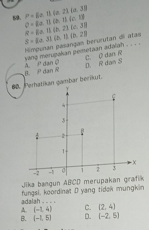 P= (a,1),(a,2),(a,3)
Q= (a,1),(b,1),(c,1)
R= (a,1),(b,2),(c,3)
S= (a,3),(b,1),(b,2)
Himpunan pasangan berurutan di atas
yang merupakan pemetaan adalah . . . .
A. P dan 0 C. 0 dan R
B. P dan R D. R dan S
60. Perhatikan gambar berikut.
Y
C
4
3
B
A 2
1
-X
-2 -1 0 1 2 3
Jika bangun ABCD merupakan grafik
fungsi, koordinat D yang tidak mungkin
adalah . . . .
A. (-1,4) C. (2,4)
B. (-1,5)
D. (-2,5)