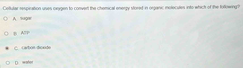 Cellular respiration uses oxygen to convert the chemical energy stored in organic molecules into which of the following?
A sugar
B. ATP
C、 carbon dioxide
D. water