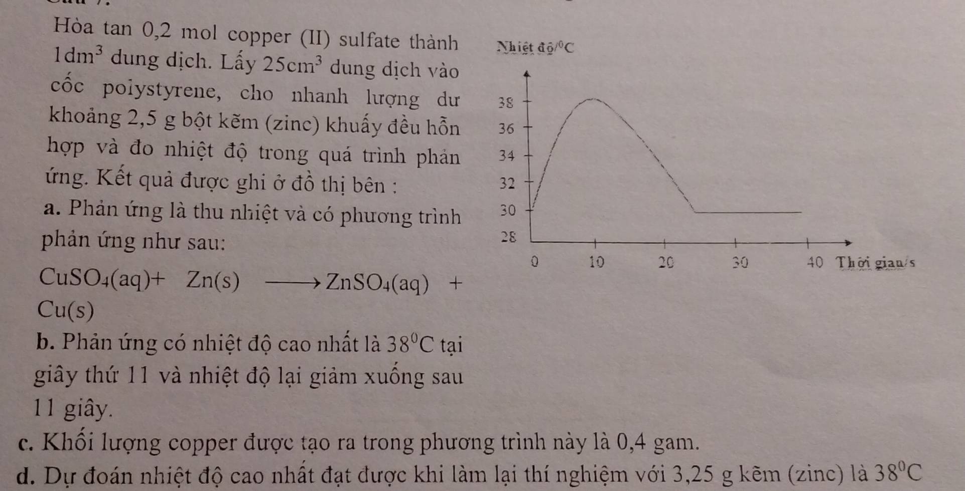 Hòa tan 0, 2 mol copper (II) sulfate thành Nhiệt dQ/^0C
1dm^3 dung dịch. Lấy 25cm^3 dung dịch vào 
cốc polystyrene, cho nhanh lượng dư 38
khoảng 2,5 g bột kẽm (zinc) khuấy đều hỗn 36
hợp và đo nhiệt độ trong quá trình phán 34
ứng. Kết quả được ghi ở đồ thị bên : 32
a. Phản ứng là thu nhiệt và có phương trình
30
phản ứng như sau:
28
0 10 20 30 40 Thời gian/s
CuSO_4(aq)+Zn(s)to ZnSO_4(aq)+
Cu(s)
b. Phản ứng có nhiệt độ cao nhất là 38°C tại 
giây thứ 11 và nhiệt độ lại giảm xuống sau 
11 giây. 
c. Khối lượng copper được tạo ra trong phương trình này là 0,4 gam. 
d. Dự đoán nhiệt độ cao nhất đạt được khi làm lại thí nghiệm với 3,25 g kẽm (zinc) là 38°C