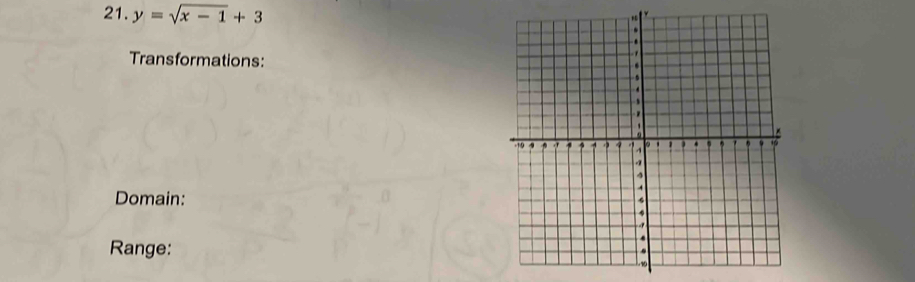 y=sqrt(x-1)+3
Transformations: 
Domain: 
Range: