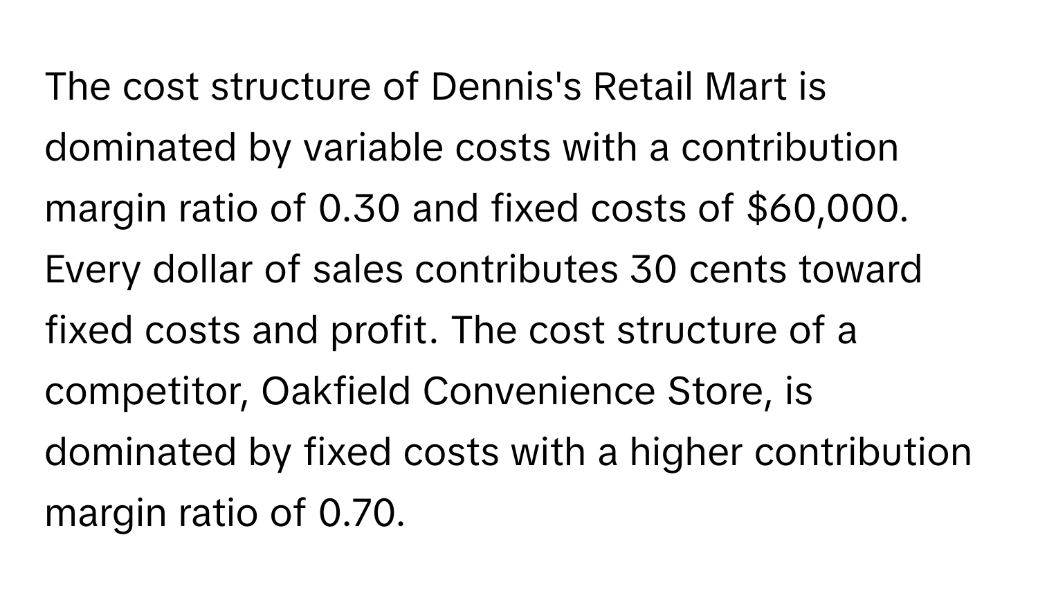 Solved: The cost structure of Dennis's Retail Mart is dominated by ...