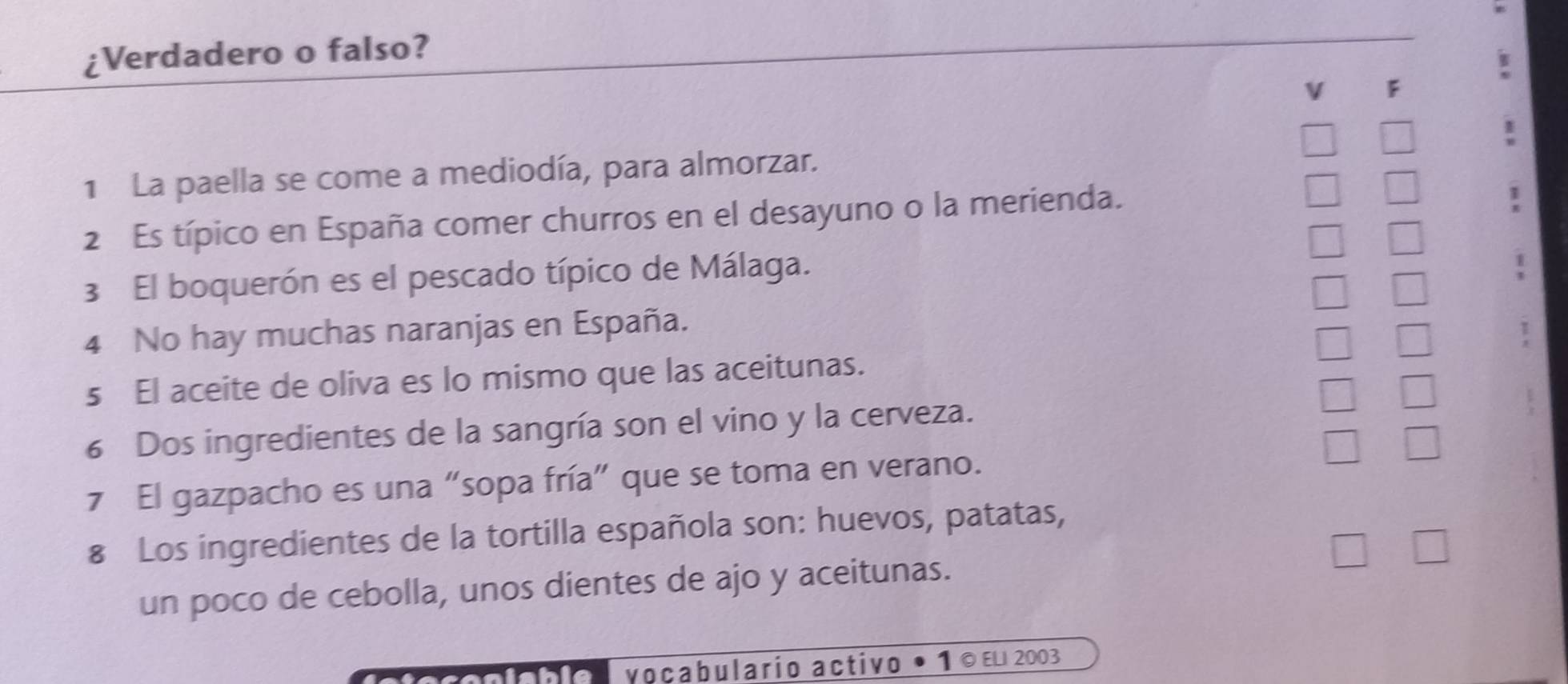 ¿Verdadero o falso? 
F 
1 La paella se come a mediodía, para almorzar. 
2 Es típico en España comer churros en el desayuno o la merienda. 
3 El boquerón es el pescado típico de Málaga. 
4 No hay muchas naranjas en España. 
s El aceite de oliva es lo mismo que las aceitunas. 
6 Dos ingredientes de la sangría son el vino y la cerveza. 
7 El gazpacho es una “sopa fría” que se toma en verano. 
8 Los ingredientes de la tortilla española son: huevos, patatas, 
un poco de cebolla, unos dientes de ajo y aceitunas. 
vocabulario activo • 1 º εL 2003