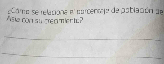 ¿Cómo se relaciona el porcentaje de población de 
Asia con su crecimiento? 
_ 
_