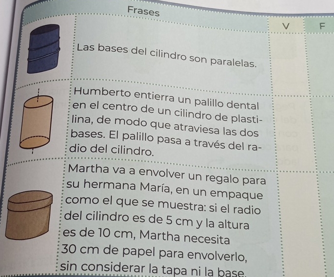 Frases 
V F 
Las bases del cilindro son paralelas. 
Humberto entierra un palillo dental 
en el centro de un cilindro de plasti- 
Iina, de modo que atraviesa las dos 
bases. El palillo pasa a través del ra- 
dio del cilindro. 
Martha va a envolver un regalo para 
su hermana María, en un empaque 
como el que se muestra: si el radio 
del cilindro es de 5 cm y la altura 
es de 10 cm, Martha necesita
30 cm de papel para envolverlo, 
sin considerar la tapa ni la base.