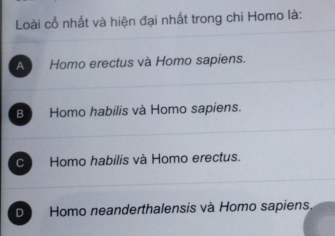 Loài cổ nhất và hiện đại nhất trong chi Homo là:
A Homo erectus và Homo sapiens.
B Homo habilis và Homo sapiens.
C Homo habilis và Homo erectus.
D Homo neanderthalensis và Homo sapiens.