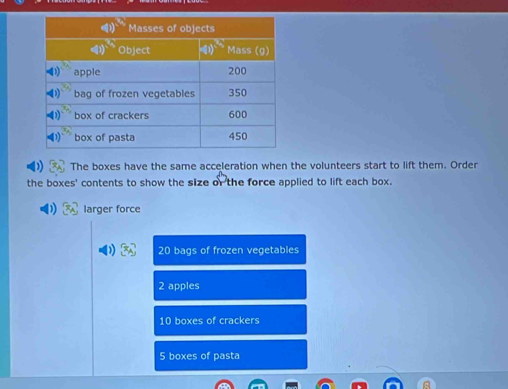 The boxes have the same acceleration when the volunteers start to lift them. Order
the boxes' contents to show the size or the force applied to lift each box.
larger force
20 bags of frozen vegetables
2 apples
10 boxes of crackers
5 boxes of pasta