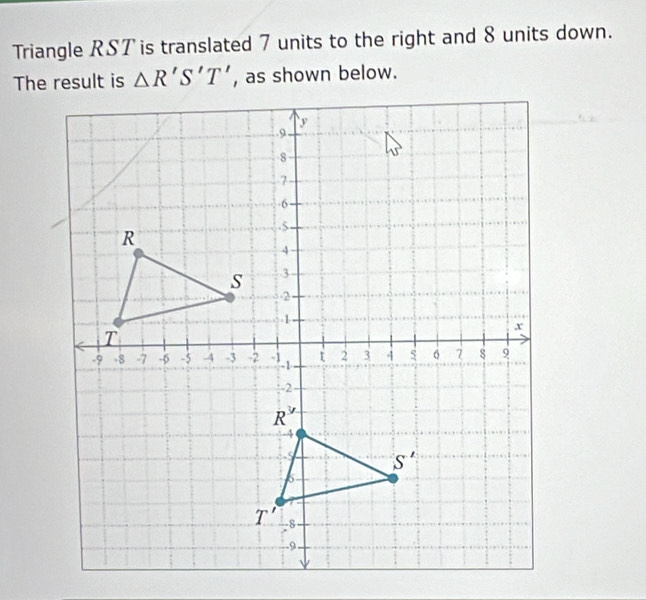 Triangle RST is translated 7 units to the right and 8 units down.
△ R'S'T' , as shown below.