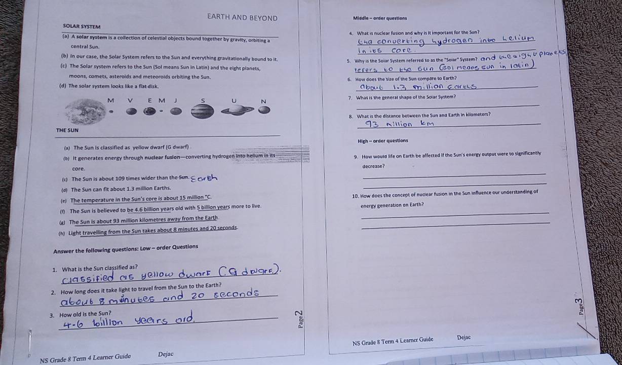 Solved: EARTH AND BEYOND Middle - order questions SOLAR SYSTEM 4. What ...