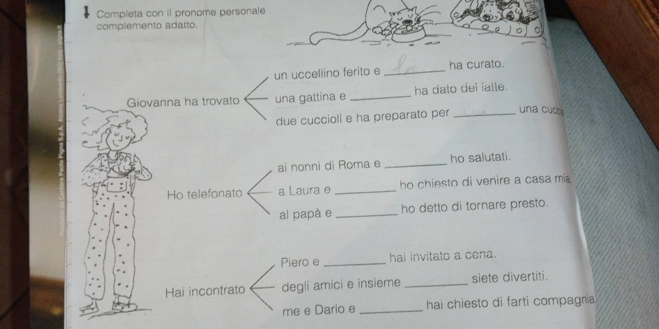 Completa con il pronome personal 
complemento adatto. 
ha curato. 
un uccellino ferito e_ 
Giovanna ha trovato una gattina e _ha dato del latte. 
due cuccioli e ha preparato per_ 
una cucc 
ai nonni di Roma e _ho salutati. 
Ho telefonato a Laura e _ho chiesto di venire a casa mia 
al papà e _ho detto di tornare presto. 
Piero e _hai invitato a cena. 
Hai incontrato degli amici e insieme _siete divertiti. 
me e Dario e _hai chiesto di farti compagnia