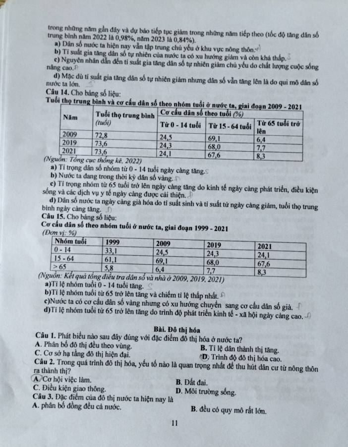 trong những năm gần đây và dự báo tiếp tục giảm trong những năm tiếp theo (tốc độ tăng dân số
trung bình năm 2022 là 0,98%, năm 2023 là 0,84%).
a) Dân số nước ta hiện nay vẫn tập trung chủ yếu ở khu vực nông thôn:
b) Tỉ suất gia tăng dân số tự nhiên của nước ta có xu hướng giảm và còn khá thấp.
c) Nguyên nhân dẫn đến tỉ suất gia tăng dân số tự nhiên giảm chủ yếu do chất lượng cuộc sống
nâng cao.θ
d) Mặc dù tỉ suất gia tăng dân số tự nhiên giảm nhưng dân số vẫn tăng lên là do qui mô dân số
nước ta lớn.
Câu 14. Cho bảng số liệu:
Tuổi thọ trung bình và cơ cấu
a) Tỉ trọng dân số nhóm từ 0 - 14 tuổi ngày càng tăng.
b) Nước ta đang trong thời kỷ dân số vàng.
c) Tỉ trọng nhóm từ 65 tuổi trở lên ngày càng tăng do kinh tế ngày càng phát triển, điều kiện
sống và các dịch vụ y tế ngày càng được cải thiện.
d) Dân số nước ta ngày càng giả hóa do tỉ suất sinh và tỉ suất tử ngày càng giảm, tuổi thọ trung
bình ngày càng tăng.
Câu 15. Cho bảng số liệu:
Cơ cấu dân số theo nhóm tuổi ở nước ta, giai đoạn 1999 - 2021
021)
a)Tỉ lệ nhóm tuổi 0 - 14 tuổi tăng.
b)Tỉ lệ nhóm tuổi từ 65 trở lên tăng và chiếm tỉ lệ thấp nhất.
c)Nước ta có cơ cấu dân số vàng nhưng có xu hướng chuyển sang cơ cấu dân số già,
đ)Tỉ lệ nhóm tuổi từ 65 trở lên tăng do trình độ phát triển kinh tế - xã hội ngày cảng cao.
Bài. Đô thị hóa
Câu 1. Phát biểu nào sau đây đúng với đặc điểm đồ thị hóa ở nước ta?
A. Phân bố đô thị đều theo vùng. B. Tỉ lệ dân thành thị tăng.
C. Cơ sở hạ tầng đô thị hiện đại. *Dộ Trình độ đô thị hóa cao.
Câu 2. Trong quá trình đô thị hóa, yếu tố nào là quan trọng nhất đề thu hút dân cư từ nông thôn
ra thành thị?
A. Cơ hội việc làm. B. Đất đai.
C. Điều kiện giao thông. D. Môi trường sống.
Câu 3. Đặc điểm của đô thị nước ta hiện nay là
A. phân bố đồng đều cả nước. B. đều có quy mô rắt lớn.
11