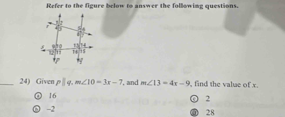 Refer to the figure below to answer the following questions.
_24) Given p||q, m∠ 10=3x-7 , and m∠ 13=4x-9 , find the value of x.
O 16
⊙ 2
⑥ -2
① 28