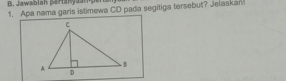 Jawablah pertanyaan-pertan 
1. Apa nama garis istimewa CD pada segitiga tersebut? Jelaskan!