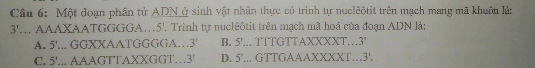 Một đoạn phân tử ADN ở sinh vật nhân thực có trình tự nuclêôtit trên mạch mang mã khuôn là:
3'. AAAXAATGGGGA… 5'. Trình tự nuclêôtit trên mạch mã hoá của đoạn ADN là:
A. 5!. .. GGXXAATGGGGA… 3' B. 5'. .. TTTGTTAXXXXT… 3'
C. 5'. .. AAAGTTAXXGGT… 3' D. 5^1. .. GTTGAAAXXXXT… 3!.