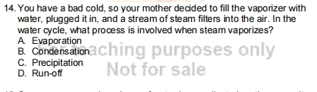 You have a bad cold, so your mother decided to fill the vaporizer with
water, plugged it in, and a stream of steam filters into the air. In the
water cycle, what process is involved when steam vaporizes?
A Evaporation aching purposes only
B. Condensation
C. Precipitation
D. Run-off Not for sale