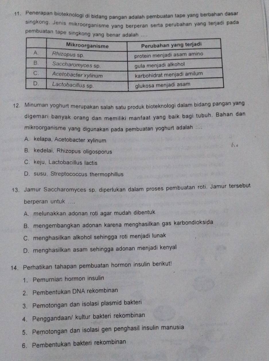 Penerapan bioteknologi di bidang pangan adalah pembuatan tape yang berbahan dasar
singkong. Jenis mikroorganisme yang berperan serta perubahan yang terjadi pada
pembuatan tape singkon
12. Minuman yoghurt merupakan salah satu produk bioteknologi dalam bidang pangan yang
digemari banyak orang dan memiliki manfaat yang baik bagi tubuh. Bahan dan
mikroorganisme yang digunakan pada pembuatan yoghurt adalah ....
A. kelapa, Acetobacter xylinum
1 a
B. kedelai, Rhizopus oligosporus
C. keju, Lactobacillus lactis
D. susu. Streptococcus thermophillus
13. Jamur Saccharomyces sp. diperlukan dalam proses pembuatan roti. Jamur tersebut
berperan untuk ....
A. melunakkan adonan roti agar mudah dibentuk
B. mengembangkan adonan karena menghasilkan gas karbondioksida
C. menghasilkan alkohol sehingga roti menjadi lunak
D. menghasilkan asam sehingga adonan menjadi kenyal
14. Perhatikan tahapan pembuatan hormon insulin berikut!
1. Pemurnian hormon insulin
2. Pembentukan DNA rekombinan
3. Pemotongan dan isolasi plasmid bakteri
4. Penggandaan/ kultur bakteri rekombinan
5. Pemotongan dan isolasi gen penghasil insulin manusia
6. Pembentukan bakteri rekombinan