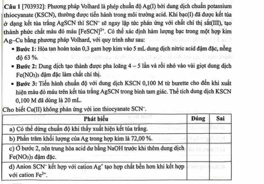 [703932]: Phương pháp Volhard là phép chuẩn độ Ag(I) bởi dung dịch chuẩn potassium
thiocyanate (KSCN), thường được tiến hành trong môi trường acid. Khi bạc(I) đã được kết tủa
ở đạng kết tủa trắng AgSCN thì SCN¯ ẽ ngay lập tức phản ứng với chất chỉ thị sắt(III), tạo
thành phức chất màu đỏ máu [F eSCN]^2+ T. Có thể xác định hàm lượng bạc trong một hợp kim
Ag-Cu bằng phương pháp Volhard, với quy trình như sau:
Bước 1: Hòa tan hoàn toàn 0,3 gam hợp kim vào 5 mL dung dịch nitric acid đậm đặc, nồng
độ 63 %.
Bước 2: Dung dịch tạo thành được pha loãng 4 - 5 lần và rồi nhỏ vào vài giọt dung dịch
Fe(NO_3) 3 đậm đặc làm chất chỉ thị.
Bước 3: Tiến hành chuẩn độ với dung dịch KSCN 0,100 M từ burette cho đến khi xuất
hiện màu đỏ máu trên kết tủa trắng AgSCN trong bình tam giác. Thể tích dung dịch KSCN
0,100 M đã dùng là 20 mL.
Cho biết  Zu(II) không phản ứng với ion thiocyanate SCN.