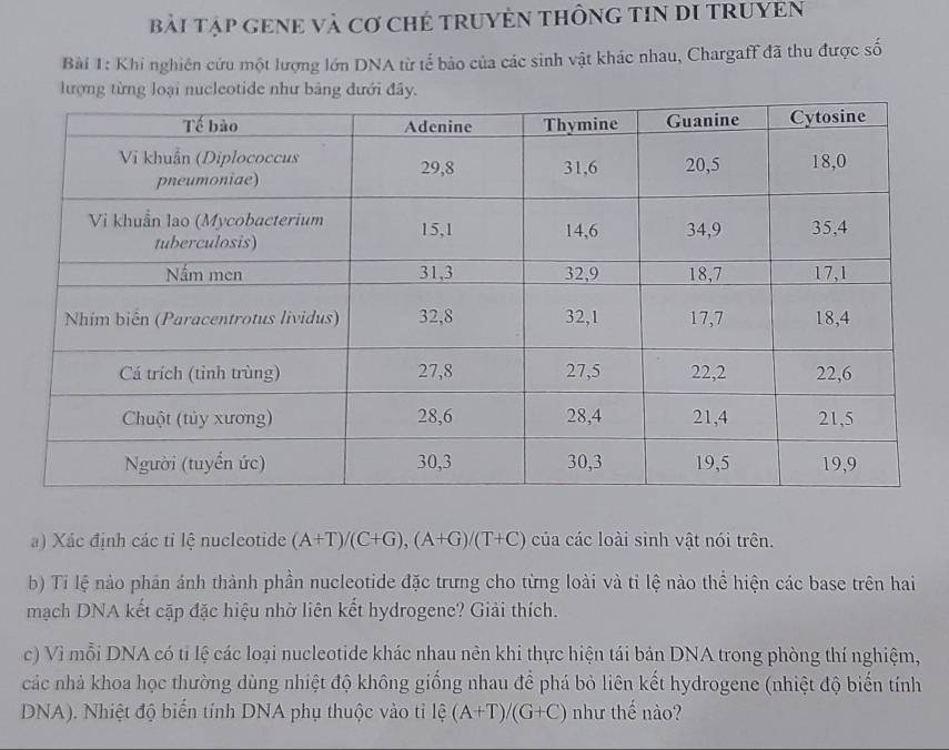 bài TậP GENE Và Cơ CHẻ TRUYÊN THÔNG TIN DI TRUYEN 
Bài 1: Khi nghiên cứu một lượng lớn DNA từ tế bảo của các sinh vật khác nhau, Chargaff đã thu được số 
a) Xác định các tỉ lệ nucleotide (A+T)/(C+G), (A+G)/(T+C) của các loài sinh vật nói trên. 
b) Tỉ lệ nảo phân ánh thành phần nucleotide đặc trưng cho từng loài và tỉ lệ nào thể hiện các base trên hai 
mạch DNA kết cặp đặc hiệu nhờ liên kết hydrogene? Giải thích. 
c) Vì mỗi DNA có ti lệ các loại nucleotide khác nhau nên khi thực hiện tái bản DNA trong phòng thí nghiệm, 
các nhà khoa học thường dùng nhiệt độ không giống nhau để phá bỏ liên kết hydrogene (nhiệt độ biến tính 
DNA). Nhiệt độ biến tính DNA phụ thuộc vào tỉ (A+T)/(G+C) như thế nào?