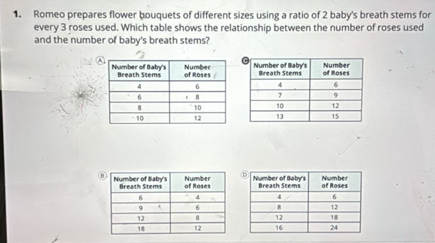 Romeo prepares flower bouquets of different sizes using a ratio of 2 baby's breath stems for 
every 3 roses used. Which table shows the relationship between the number of roses used 
and the number of baby's breath stems?