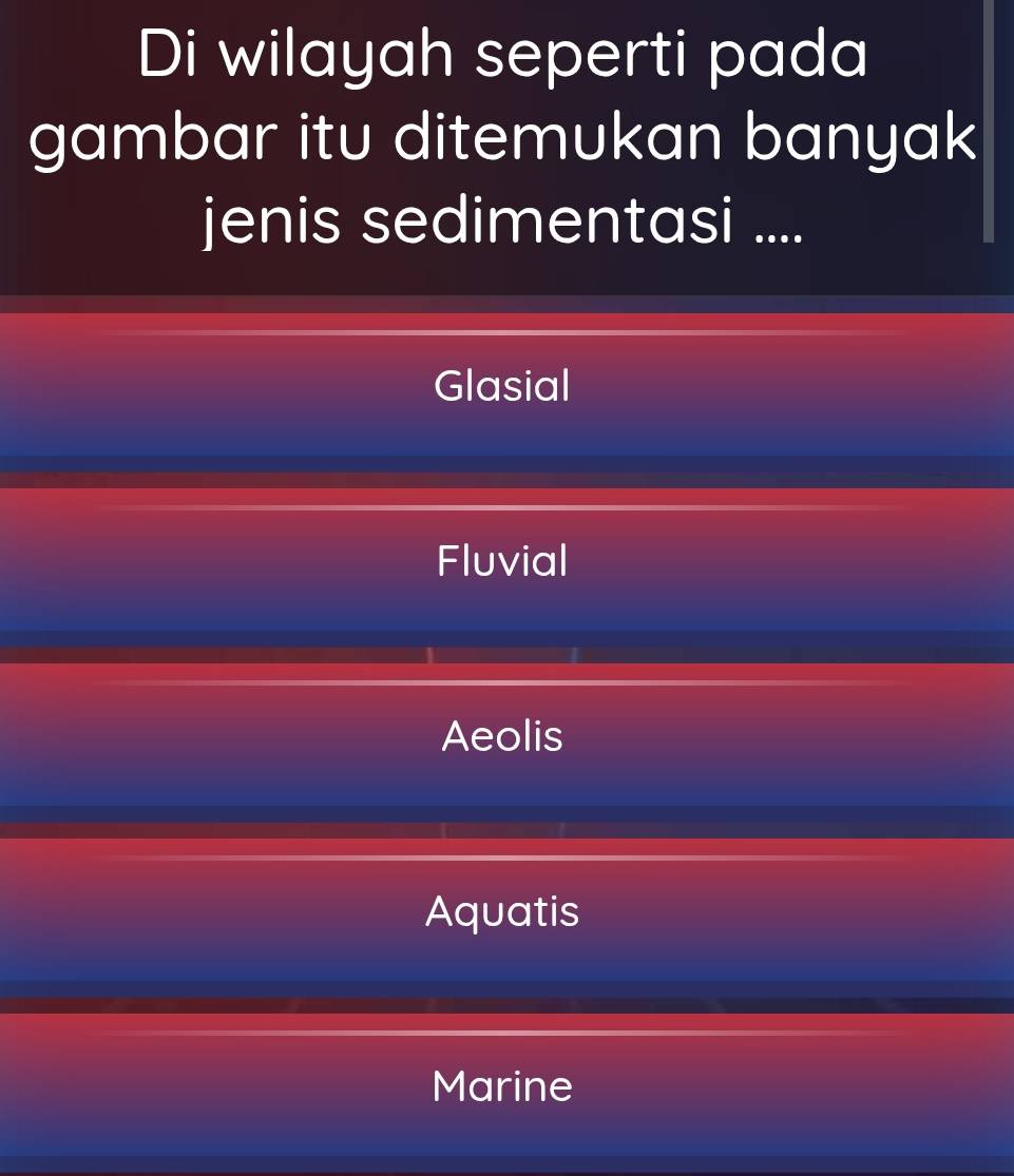 Di wilayah seperti pada
gambar itu ditemukan banyak
jenis sedimentasi ....
Glasial
Fluvial
Aeolis
Aquatis
Marine