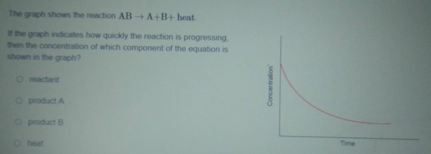 The graph shows the reaction ABto A+B+heat. 
If the graph indicates how quickly the reaction is progressing,
then the concentration of which component of the equation is
shown in the graph?
reactant
product A
product B
heat Time