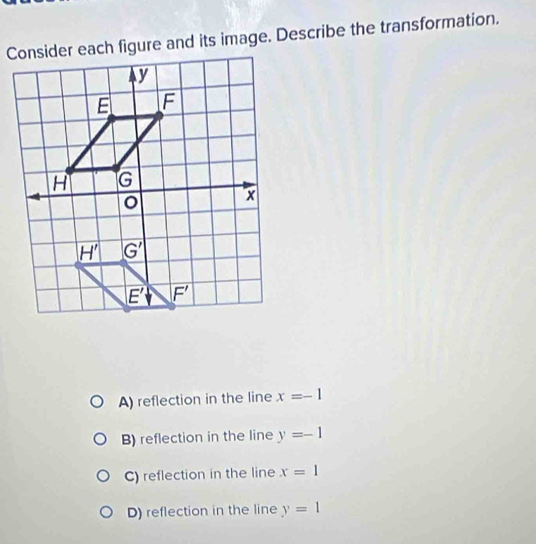 Consider each figure and its image. Describe the transformation.
A) reflection in the line x=-1
B) reflection in the line y=-1
C) reflection in the line x=1
D) reflection in the line y=1