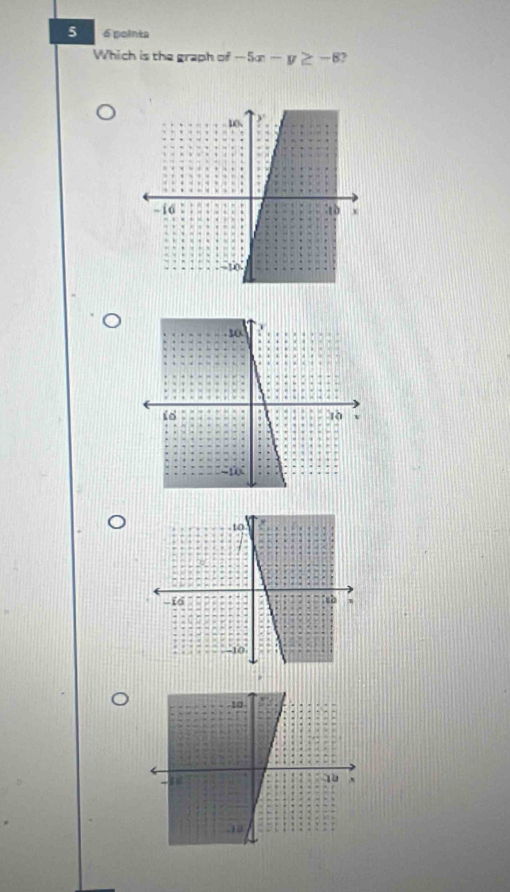 5 6 pointa 
Which is the graph of -5x-y≥ -8 2