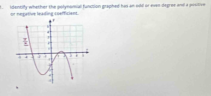 Identify whether the polynomial function graphed has an odd or even degree and a positive 
or negative leading coefficient.