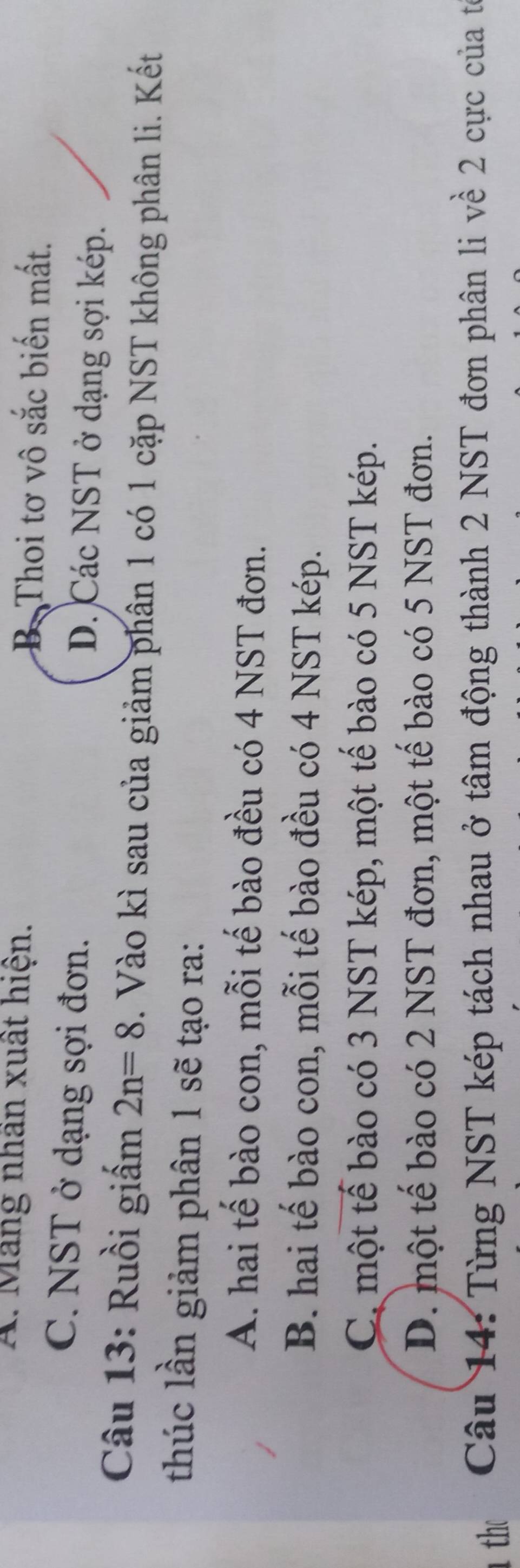 A. Mảng nhân xuất hiện. B. Thoi tơ vô sắc biến mất.
C. NST ở dạng sợi đơn. D. Các NST ở dạng sợi kép.
Câu 13: Ruồi giấm 2n=8. Vào kì sau của giảm phân 1 có 1 cặp NST không phân li. Kết
thúc lần giảm phân 1 sẽ tạo ra:
A. hai tế bào con, mỗi tế bào đều có 4 NST đơn.
B. hai tế bào con, mỗi tế bào đều có 4 NST kép.
C. một tế bào có 3 NST kép, một tế bào có 5 NST kép.
D. một tế bào có 2 NST đơn, một tế bào có 5 NST đơn.
thc Câu 14: Từng NST kép tách nhau ở tâm động thành 2 NST đơn phân li về 2 cực của tế