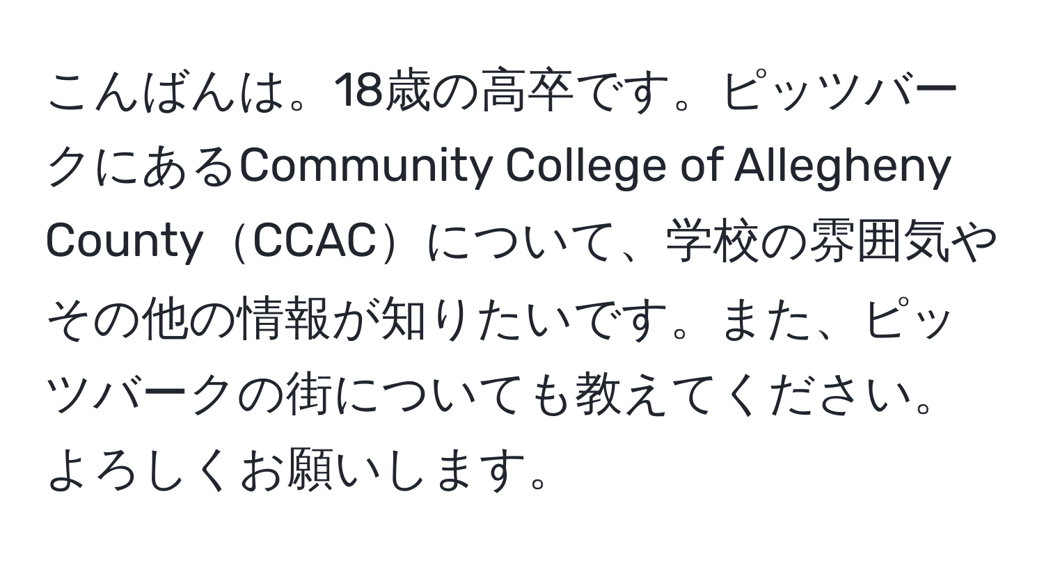 こんばんは。18歳の高卒です。ピッツバークにあるCommunity College of Allegheny CountyCCACについて、学校の雰囲気やその他の情報が知りたいです。また、ピッツバークの街についても教えてください。よろしくお願いします。