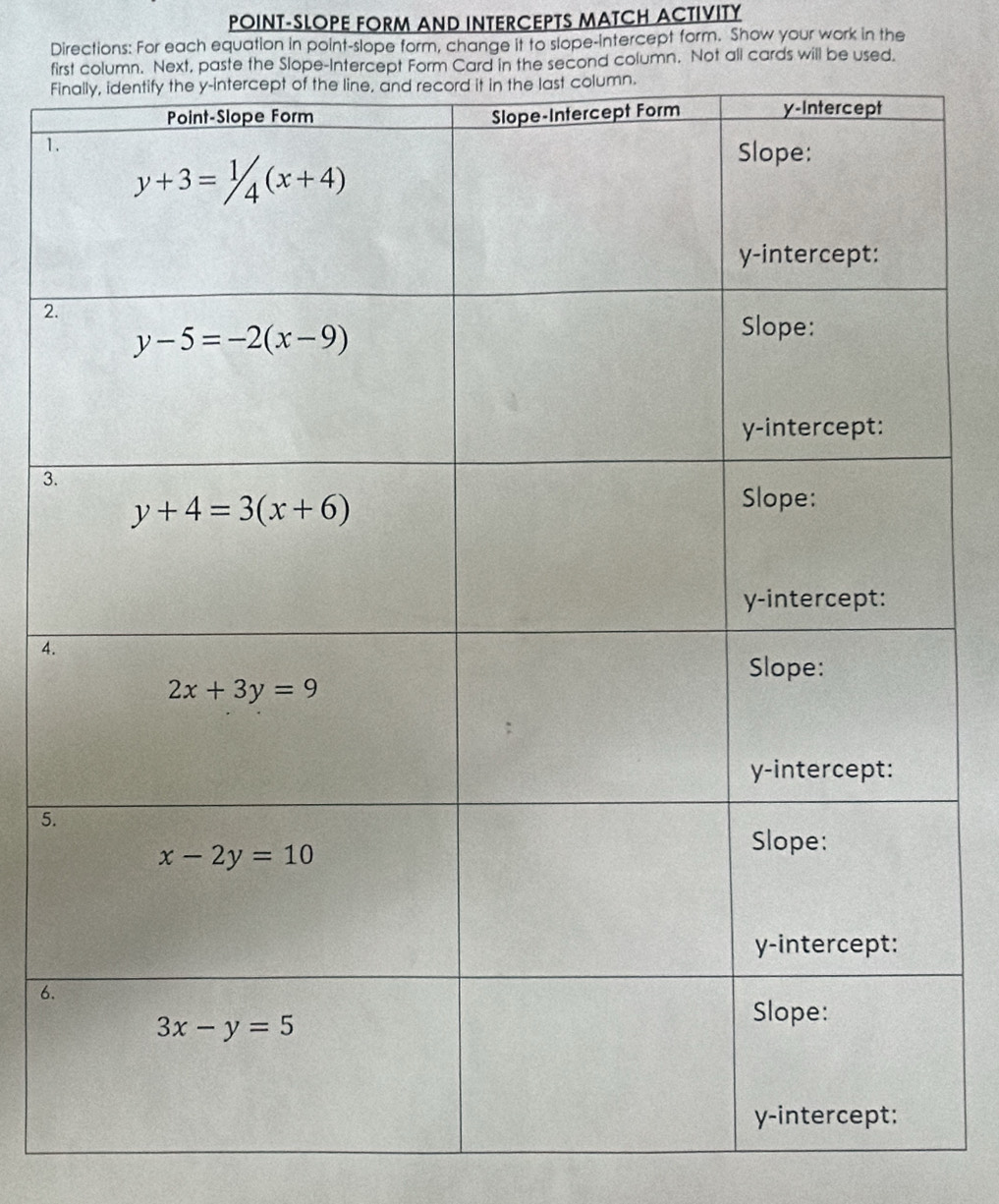 POINT-SLOPE FORM AND INTERCEPTS MATCH ACTIVITY
Directions: For each equation in point-slope form, change it to slope-intercept form. Show your work in the
fi column. Not all cards will be used.
Fi
1.
2.
3.
4.
5.
6.