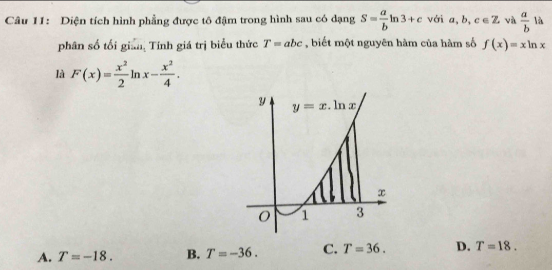 Diện tích hình phẳng được tô đậm trong hình sau có dạng S= a/b ln 3+c với a,b,c∈ Z và  a/b  là
phân số tối gian Tính giá trị biểu thức T=abc , biết một nguyên hàm của hàm số f(x)=xln x
là F(x)= x^2/2 ln x- x^2/4 .
C. T=36. D. T=18.
A. T=-18.
B. T=-36.