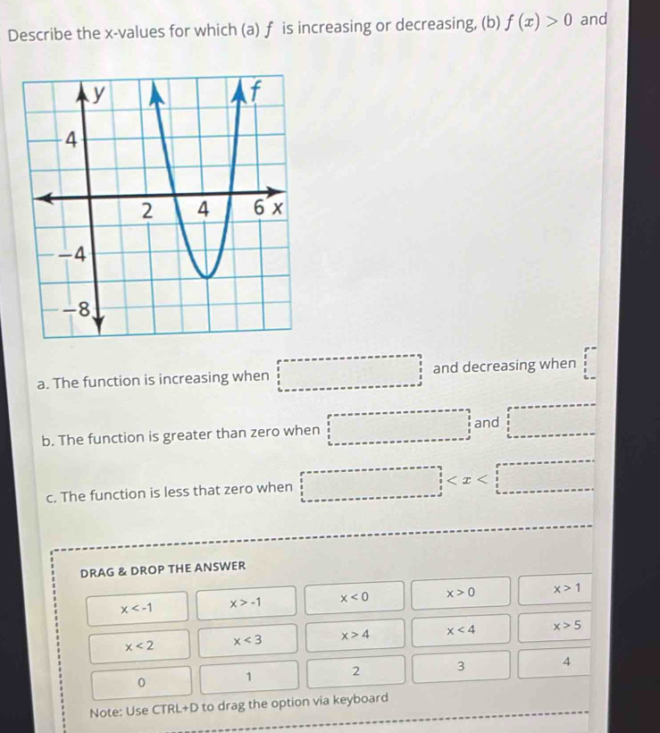 Describe the x -values for which (a) f is increasing or decreasing, (b) f(x)>0 and 
a. The function is increasing when □ and decreasing when 
b. The function is greater than zero when □ and □
c. The function is less that zero when □
DRAG & DROP THE ANSWER
x x>-1 x<0</tex> x>0 x>1
x<2</tex> x<3</tex> x>4 x<4</tex> x>5
4
0
1
2 3
Note: Use CTRL+D to drag the option via keyboard