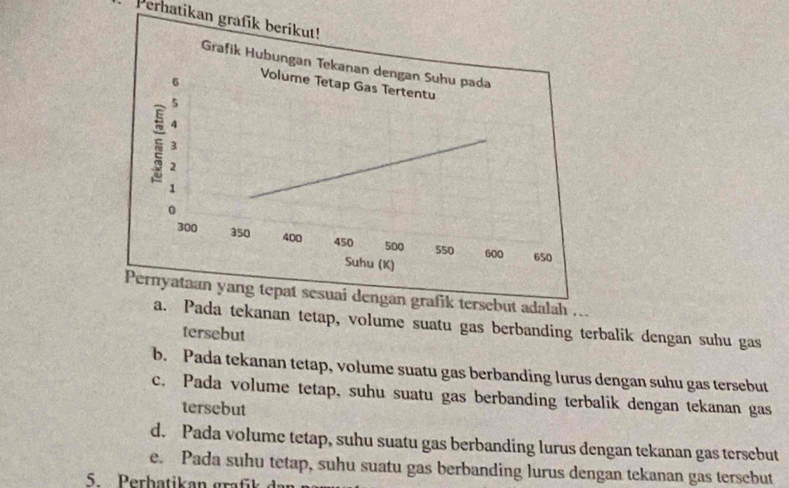 Perhatikan graf
dengan grafik tersebut adalah ....
a. Pada tekanan tetap, volume suatu gas berbanding terbalik dengan suhu gas
tersebut
b. Pada tekanan tetap, volume suatu gas berbanding lurus dengan suhu gas tersebut
c. Pada volume tetap, suhu suatu gas berbanding terbalik dengan tekanan gas
tersebut
d. Pada volume tetap, suhu suatu gas berbanding lurus dengan tekanan gas tersebut
e. Pada suhu tetap, suhu suatu gas berbanding lurus dengan tekanan gas tersebut