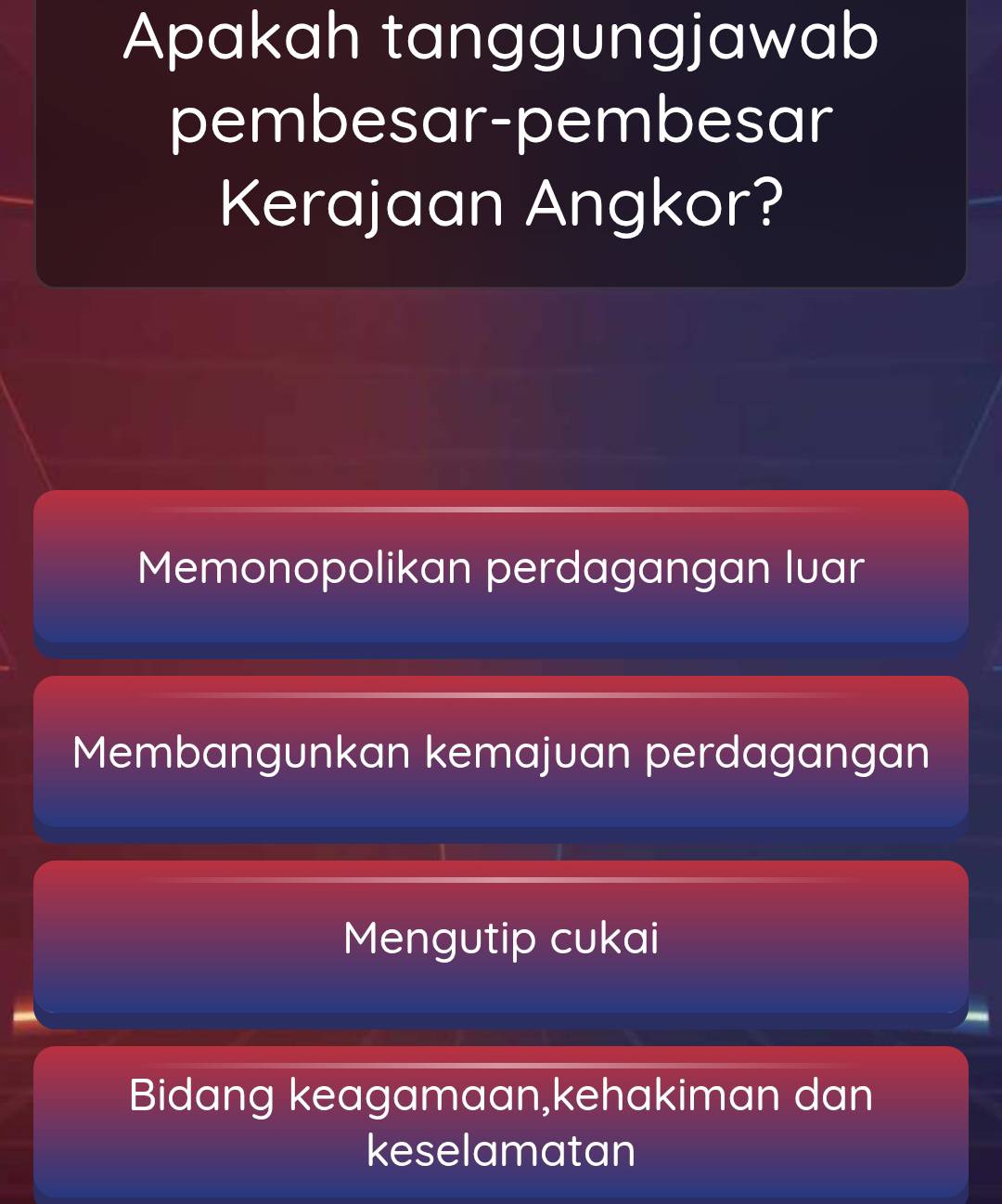 Apakah tanggungjawab
pembesar-pembesar
Kerajaan Angkor?
Memonopolikan perdagangan luar
Membangunkan kemajuan perdagangan
Mengutip cukai
Bidang keagamaan,kehakiman dan
keselamatan