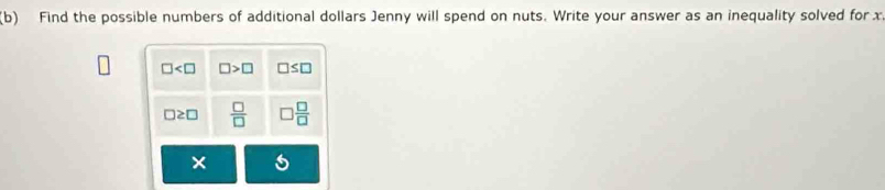 Find the possible numbers of additional dollars Jenny will spend on nuts. Write your answer as an inequality solved for x
□ □ >□ □ ≤ □
□ ≥ □  □ /□    □ /□  
×