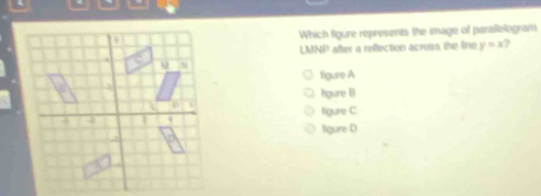 Which figure represents the image of parallelogram
LMNP after a reflection across, the line y=x.
figure A
ligure B
tigure C
ligure D