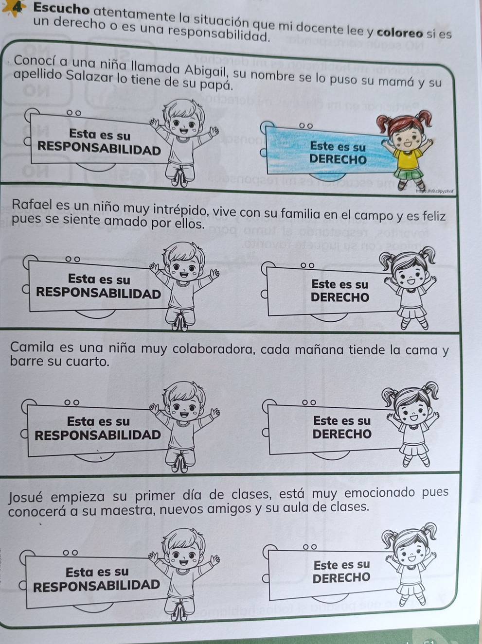 Escucho atentamente la situación que mi docente lee y coloreo si es 
un derecho o es una responsabilidad. 
Conocí a una niña llamada Abigail, su nombre se lo puso su mamá y su 
apellido Salazar lo tiene de su papá. 
Rafael es un niño muy intrépido, vive con su familia en el campo y es feliz 
pues se siente amadó por ellos. 
Camila es una niña muy colaboradora, cada mañana tiende la cama y 
barre su cuarto. 
Josué empieza su primer día de clases, está muy emocionado pues 
conocerá a su maestra, nuevos amigos y su aula de clases.