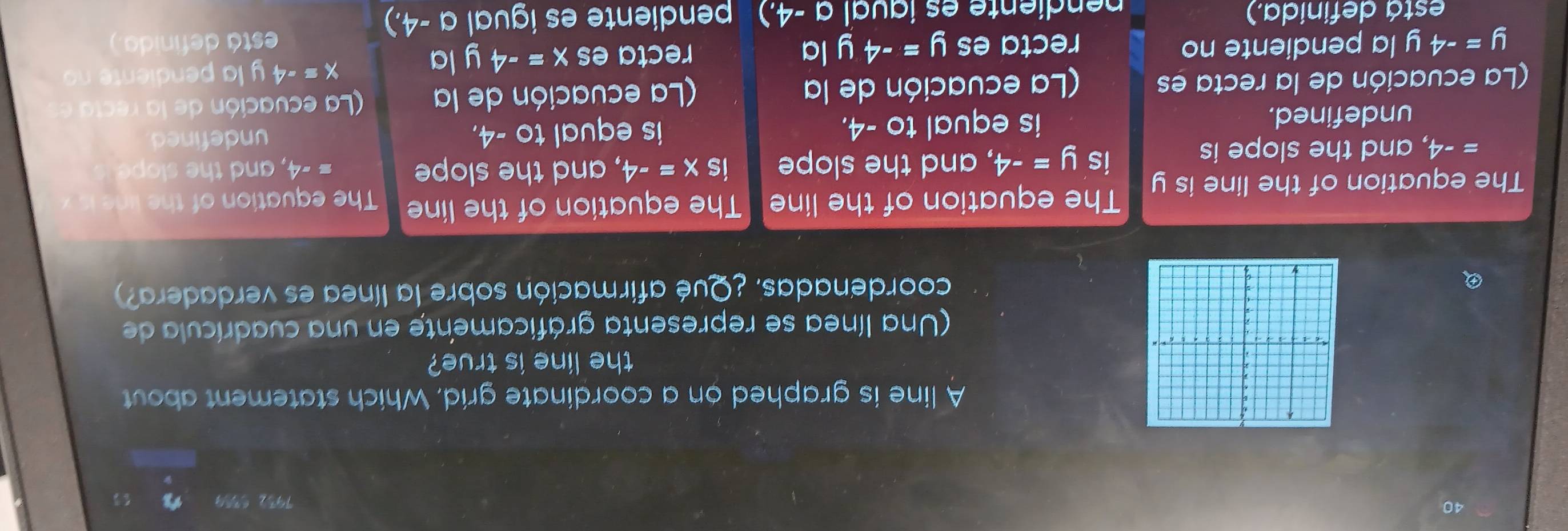 40
7932 6359
A line is graphed on a coordinate grid. Which statement about
the line is true?
(Una línea se representa gráficamente en una cuadrícula de
coordenadas. ¿Qué afirmación sobre la línea es verdadera?)
The equation of the line is y The equation of the line The equation of the line The equation of the line
is y=-4 , and the slope is x=-4 , and the slope z -4
=-4, , and the slope is , and the slope
undefined. is equal to -4. is equal to -4. undefined.
La ecuación de la recta es (La ecuación de la (La ecuación de la ( La ecuación de la recta et
x=-4
y=-4 y la pendiente no recta es y=-4y la recta es x=-4 y la y la pendiente no 
está definida.)
está definida.) pendiente es igual a -4.) pendiente es igual a -4.)