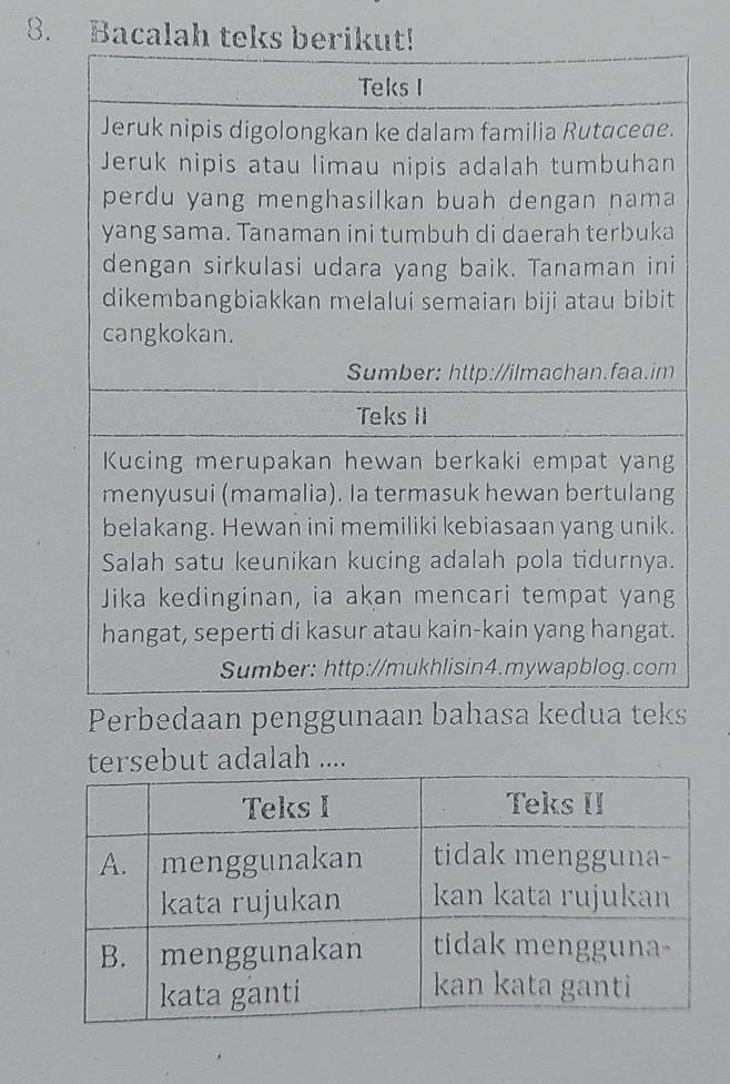 Bacalah teks berikut! 
Perbedaan 
tersebut adalah ....