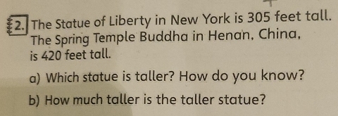 The Statue of Liberty in New York is 305 feet tall. 
The Spring Temple Buddha in Henan, China, 
is 420 feet tall. 
a) Which statue is taller? How do you know? 
b) How much taller is the taller statue?